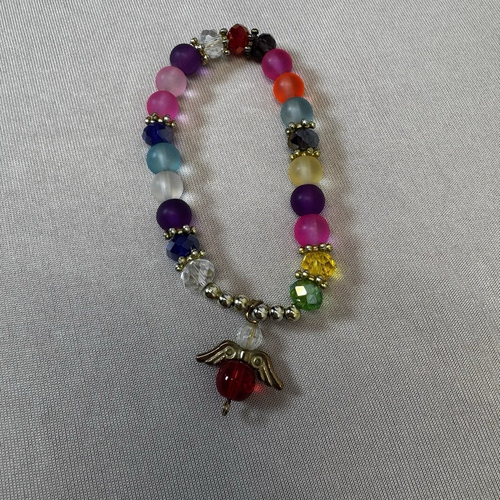 Multicolored Beaded Stretch Bracelet With Red‎ & Gold Angel Charm